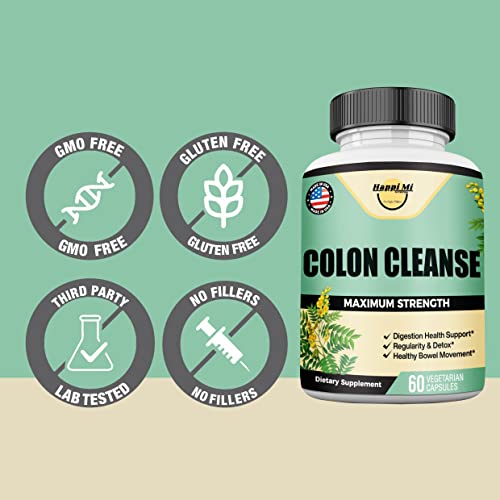Happi Mi Nutrition Colon Cleanse, Colon Detox, All Natural Herbal Formula, Support Healthy Bowel Movements, Gut Health & Healthy Metabolism Support, Non-GMO - 60 Vegetable Capsule 30 Servings